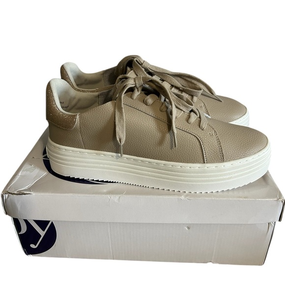 Joy Mangano Shoes - Joy Performance Comfort Leather Sneakers Latte Glitter Heel Platform NWB 9.5